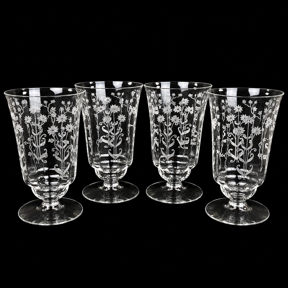Fostoria Manor Crystal Iced Tea Glasses Set of 4 Etched Floral 1930s